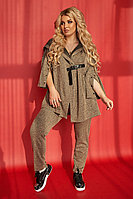 Стильный теплый женский трикотажный твидовый костюм: широкая кофта с капюшоном и штаны, батал большой размер