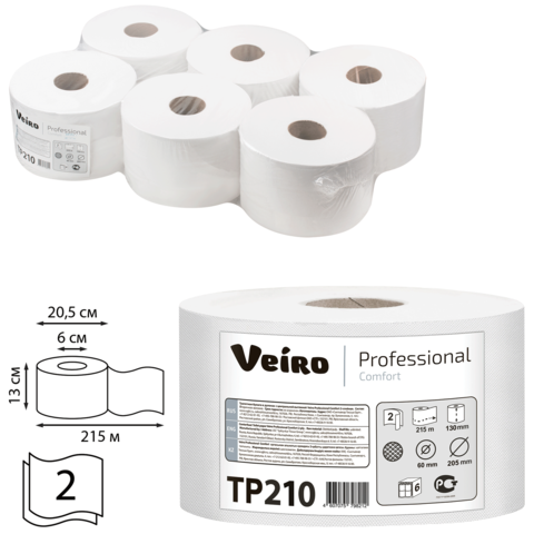 VEIRO Professional Comfort арт. ТР210 Туалетная бумага белая 2-сл. 215м (х6) - фото 1 - id-p9905757