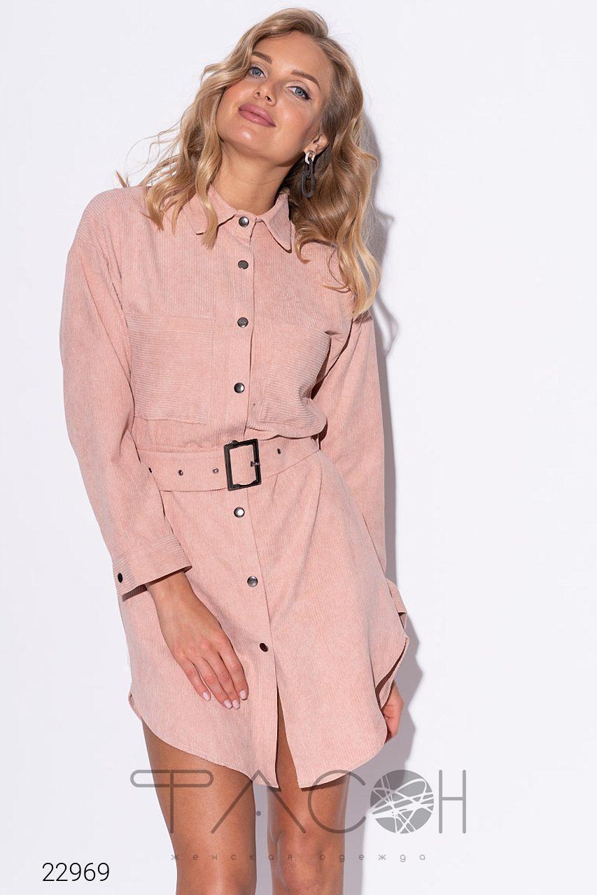 Стильное вельветовое платье-рубашка с нагрудными карманами и поясом в комплекте - фото 1 - id-p9934414