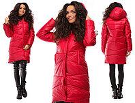 Теплое стеганое осенне-зимнее пальто куртка женское из плащевки с капюшоном