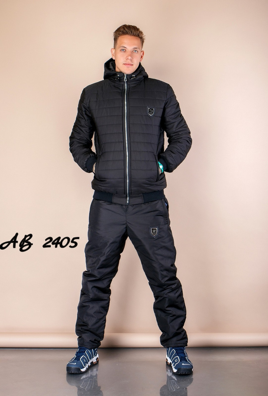 Теплый мужской спортивный прогулочный костюм на синтепоне, штаны и куртка с мехом внутри, большие размеры - фото 1 - id-p9935607