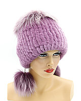 Зимняя меховая шапка на вязаной основе из чернобурки и Rex Rabbit "БонПомПон" (фиолетовая)
