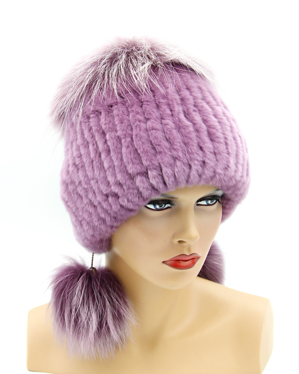 Зимняя меховая шапка на вязаной основе из чернобурки и Rex Rabbit "БонПомПон" (фиолетовая) - фото 1 - id-p9936205