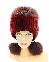 Женская шапка меховая на вязаной основе из чернобурки и Rex Rabbit "БонПомПон" (бордовая)