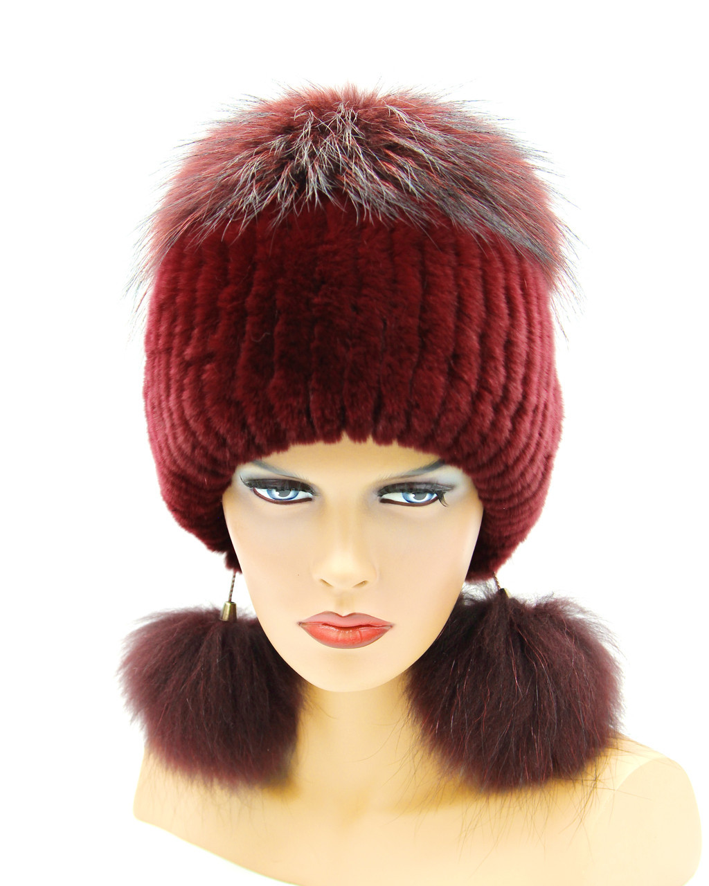 Женская шапка меховая на вязаной основе из чернобурки и Rex Rabbit "БонПомПон" (бордовая) - фото 1 - id-p9936207