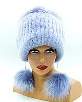 Зимняя женская шапка на вязаной основе из чернобурки и Rex Rabbit "БонПомПон" (голубая)