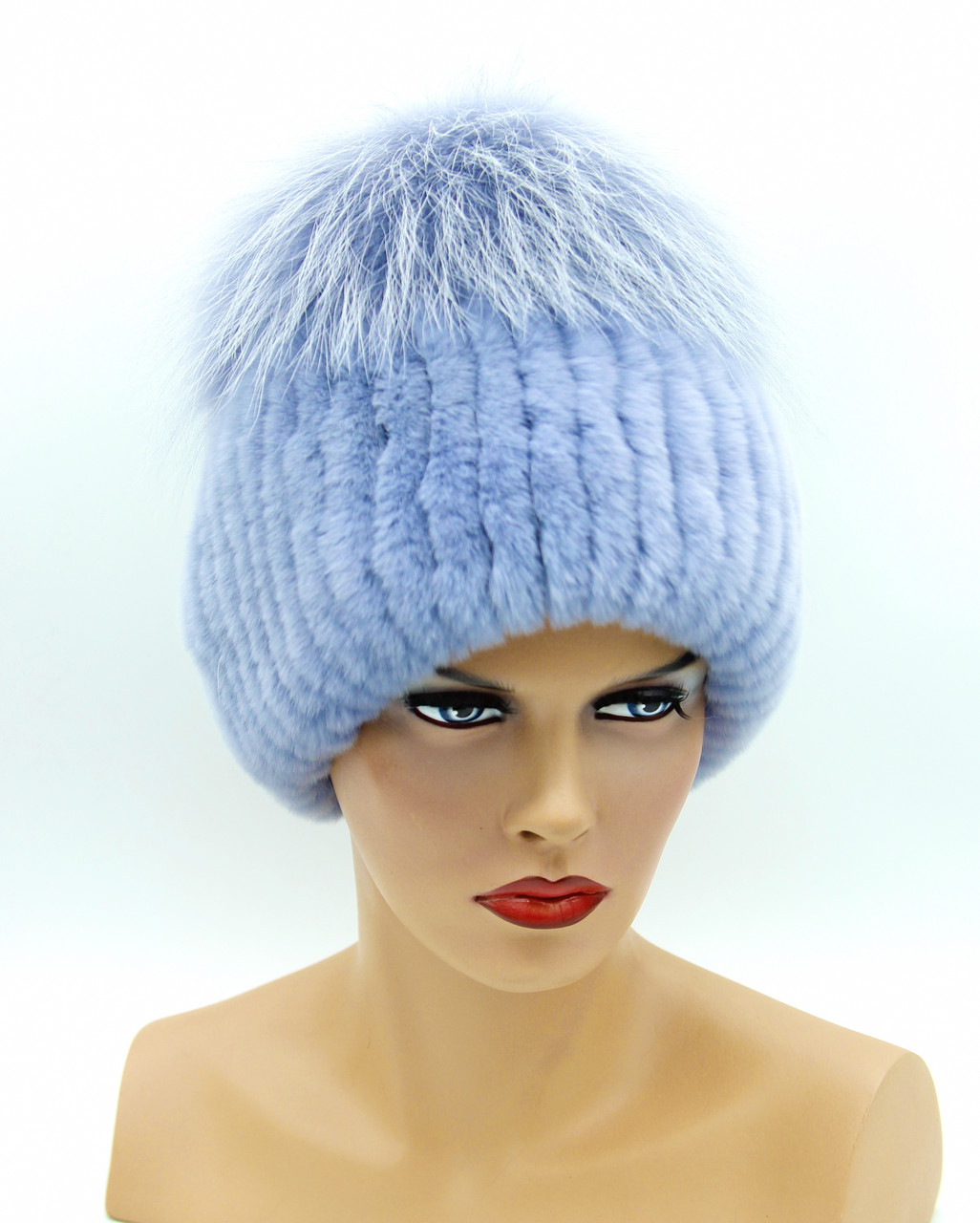 Женская меховая шапка на вязаной основе из чернобурки и rex rabbit "Бон" (голубой) - фото 1 - id-p9936210