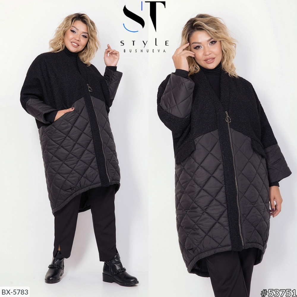 Женское стильное осеннее комбинированное стеганное пальто кокон, батал большие размеры - фото 1 - id-p9941537