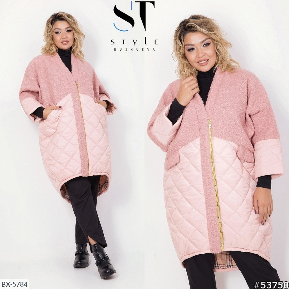 Женское стильное осеннее комбинированное стеганное пальто кокон, батал большие размеры - фото 1 - id-p9941538