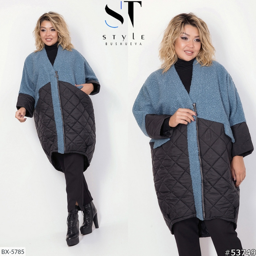 Женское стильное осеннее комбинированное стеганное пальто кокон, батал большие размеры - фото 1 - id-p9941539