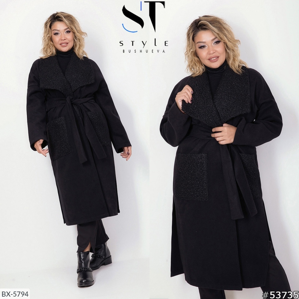 Женское стильное осеннее кашемировое пальто-кардиган на запах без подклада, батал большие размеры - фото 1 - id-p9941543