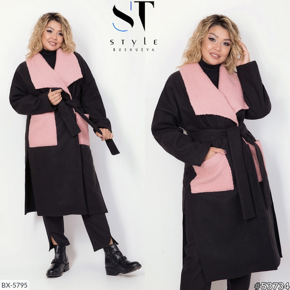 Женское стильное осеннее кашемировое пальто-кардиган на запах без подклада, батал большие размеры - фото 1 - id-p9941544