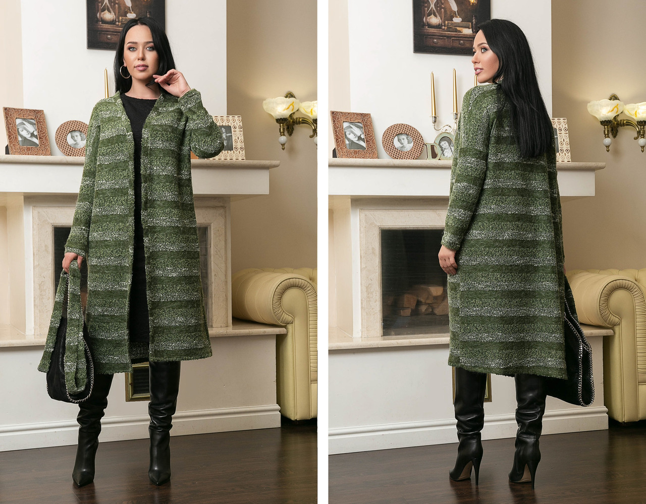 Женский стильный кардиган-пальто из буклированной ткани с поясом в комплекте, батал большие размеры - фото 1 - id-p9942679
