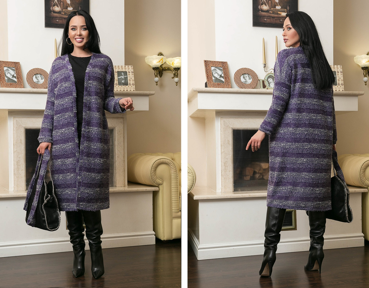 Женский стильный кардиган-пальто из буклированной ткани с поясом в комплекте, батал большие размеры - фото 1 - id-p9942680