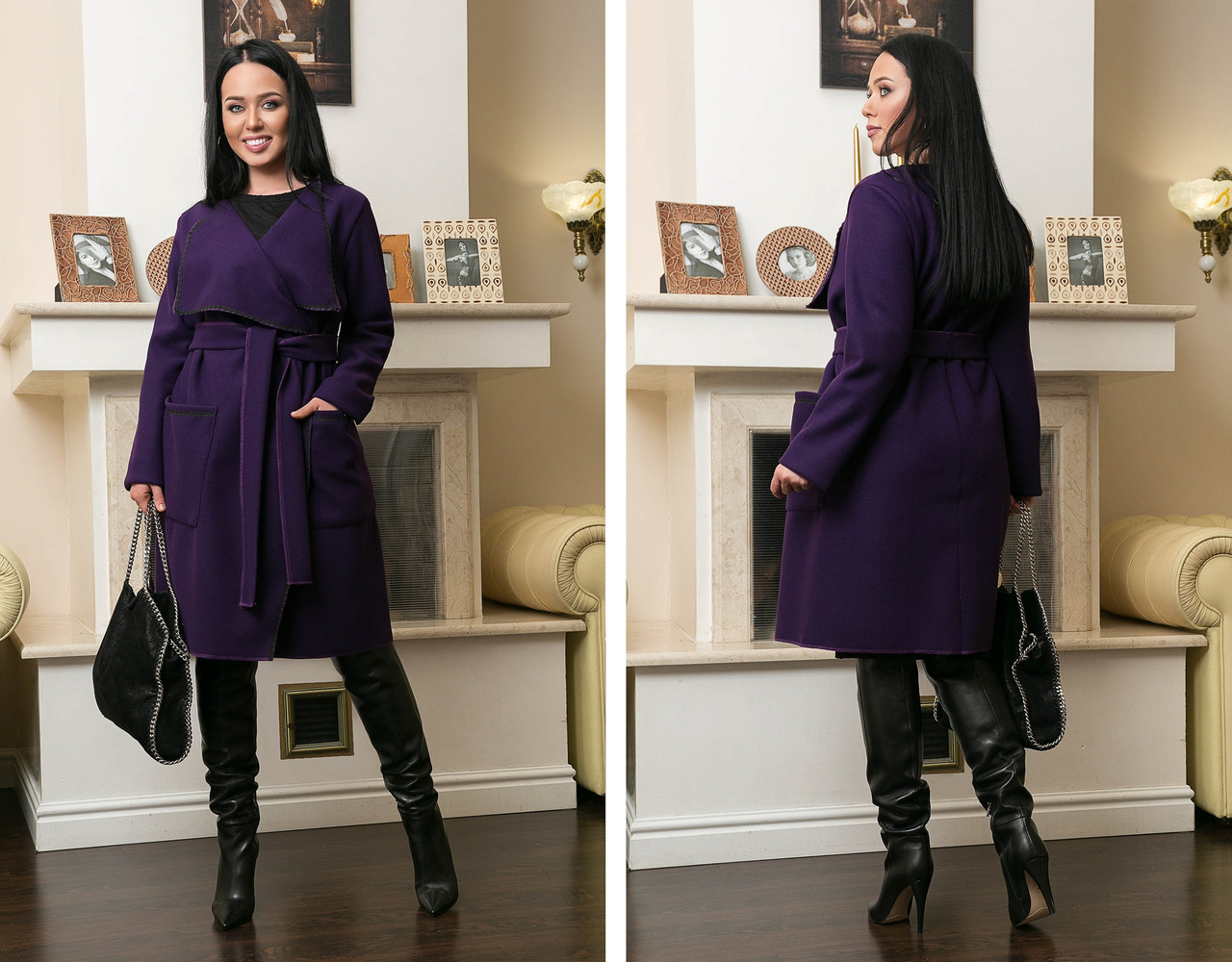 Женский кашемировый стильный кардиган-пальто на запах с объемным воротом с поясом, батал большие размеры - фото 1 - id-p9942682