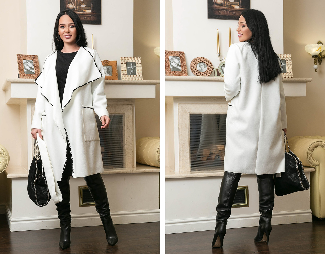 Женский кашемировый стильный кардиган-пальто на запах с объемным воротом с поясом, батал большие размеры - фото 1 - id-p9942687