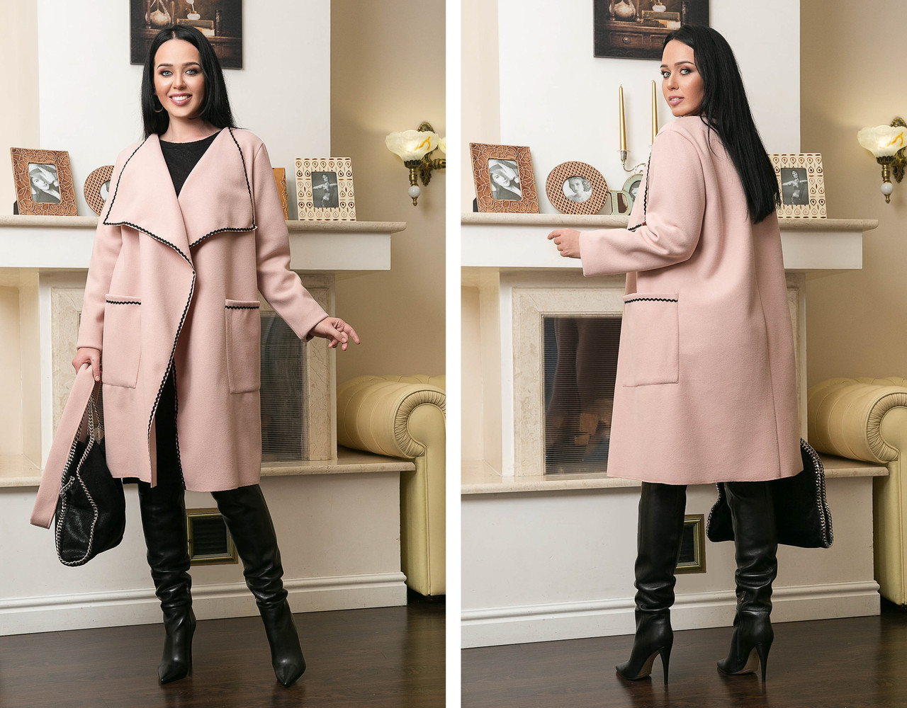 Женский кашемировый стильный кардиган-пальто на запах с объемным воротом с поясом, батал большие размеры - фото 1 - id-p9942688