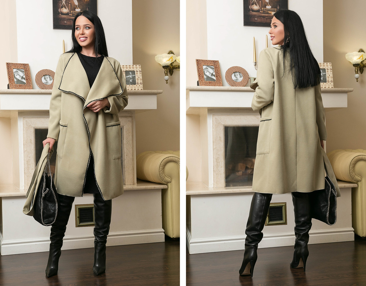 Женский кашемировый стильный кардиган-пальто на запах с объемным воротом с поясом, батал большие размеры - фото 1 - id-p9942689