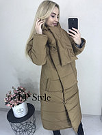 Стильное осеннее дутое длинное стеганное пальто на синтепоне свободного кроя с капюшоном и поясом-шарфом