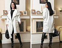 Женский кашемировый стильный кардиган-пальто на запах с объемным воротом с поясом, батал большие размеры