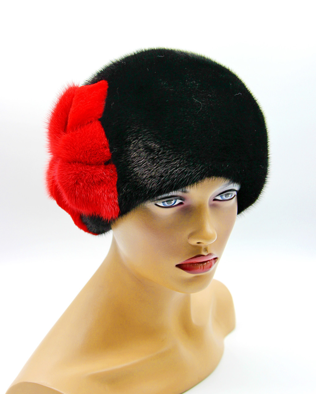 Женская меховая шапка из норки "Шарик с аппликацией" (черно - красная). - фото 1 - id-p9946196