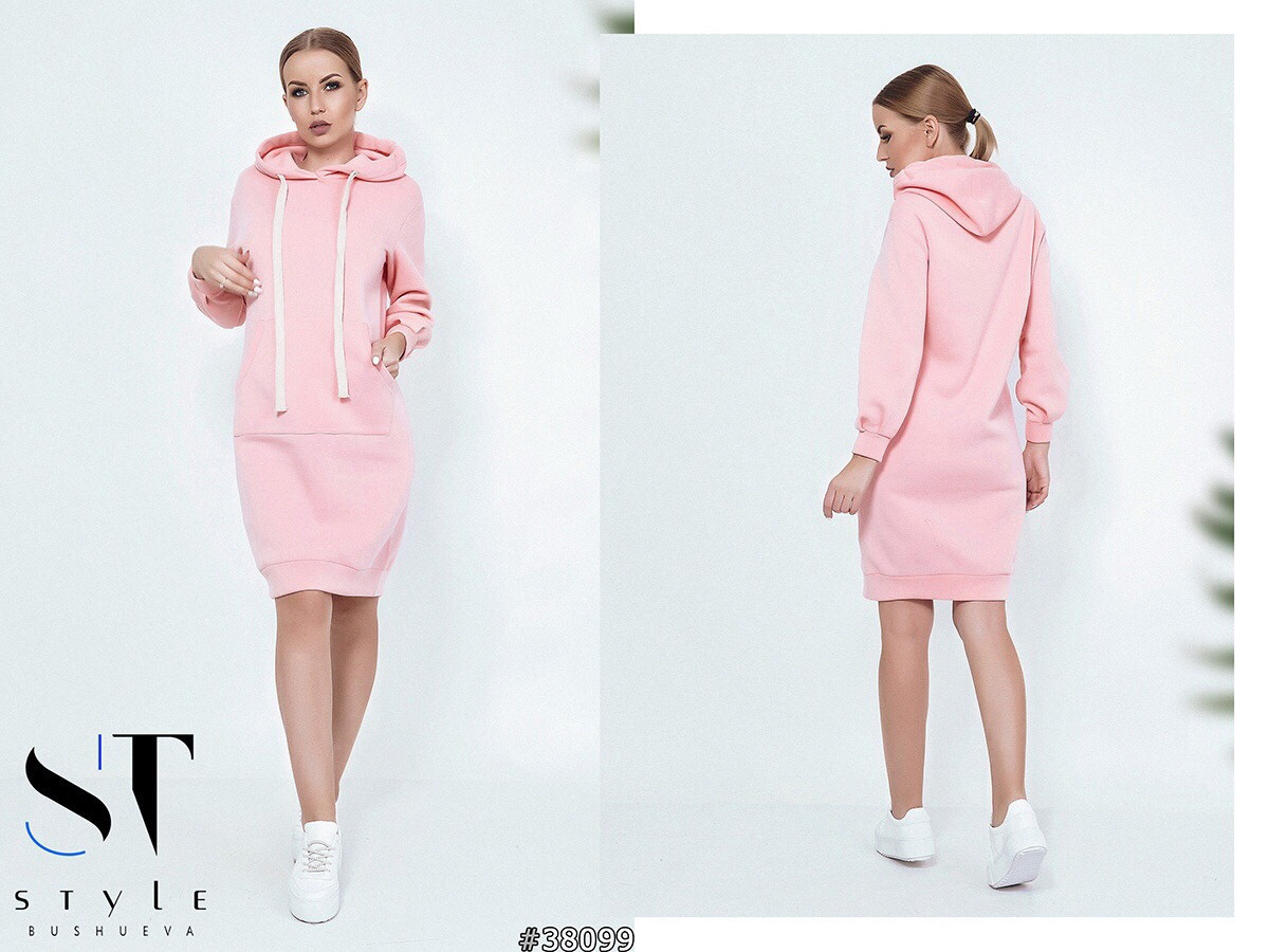 Стильное теплое молодежное с начесом платье-туника с капюшоном и карманом "кенгуру" - фото 1 - id-p9952573