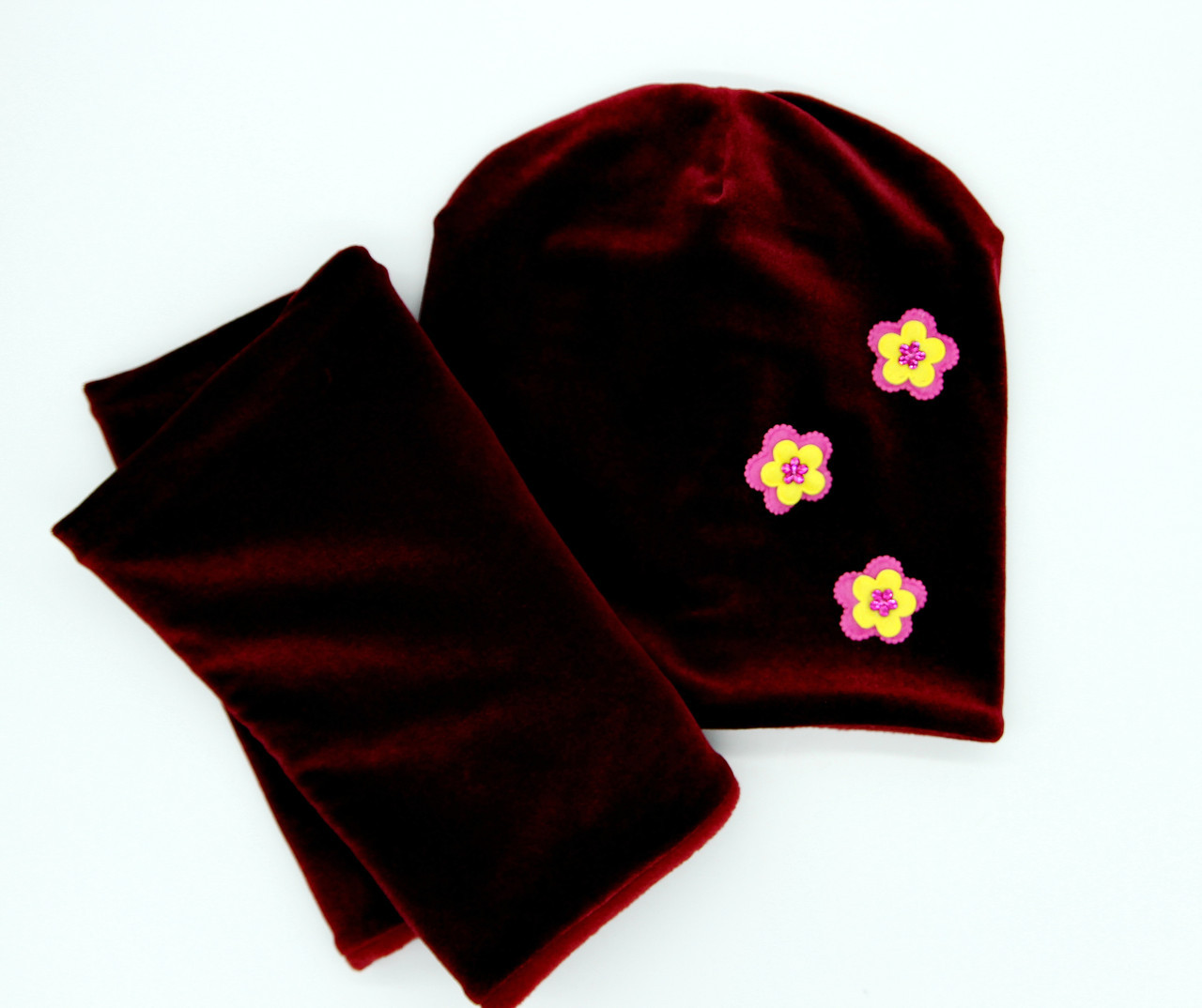 Детская шапка и шарф, велюровый комплект демисезонный (бордовый). - фото 1 - id-p9936228