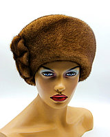 Норковая меховая женская шапка "Кубанка с цветком" (коричневый).