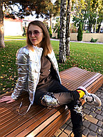 Серебристая металлик женская осенне-зимняя куртка с воротом стойкой, норма и батал большие размеры