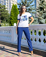 Летний женский костюм: футболка с рисунком и брюки свободного кроя, норма и полубатал большие размеры