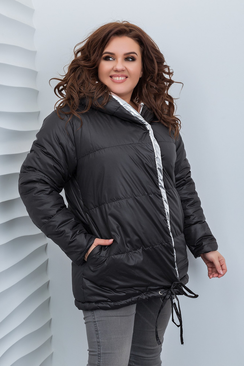 Стильная молодежная осенне-зимняя двухсторонняя куртка металлик с капюшоном, норма и батал большие размеры - фото 1 - id-p9945823