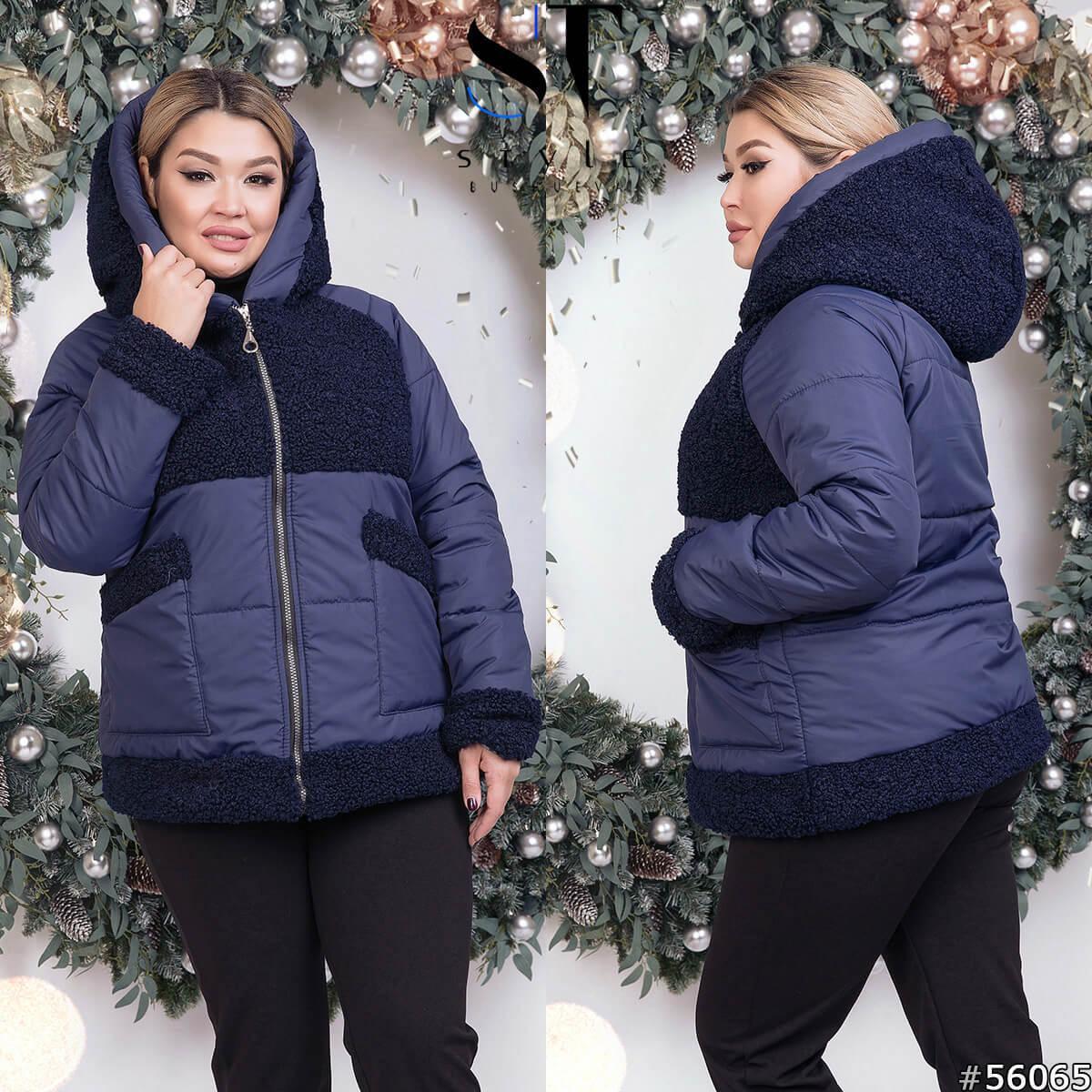 Теплая осенне-зимняя женская куртка с капюшоном со вставками букле, батал большие размеры - фото 1 - id-p10096131