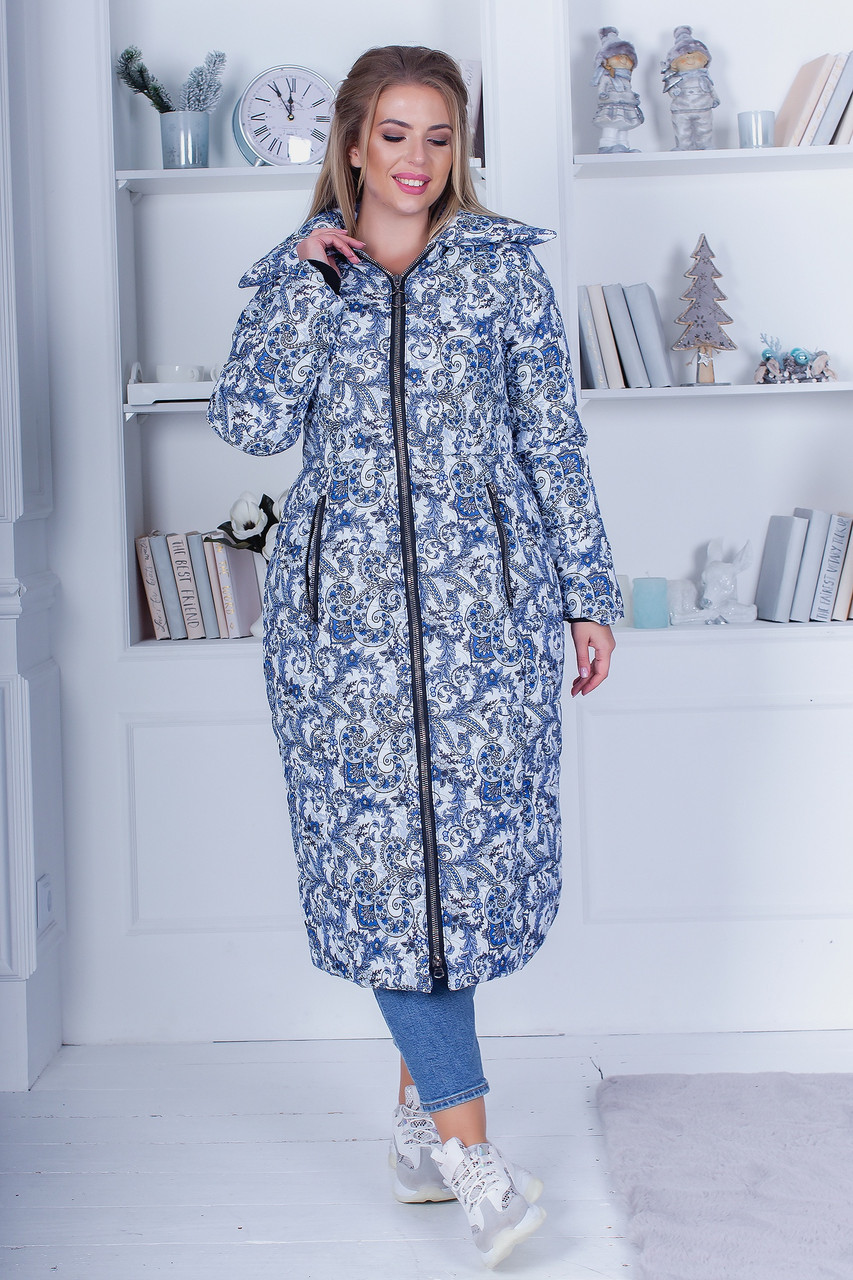 Красивое осенне-зимнее женское пальто из плащевки с рисунком, батал большие размеры - фото 1 - id-p10096138