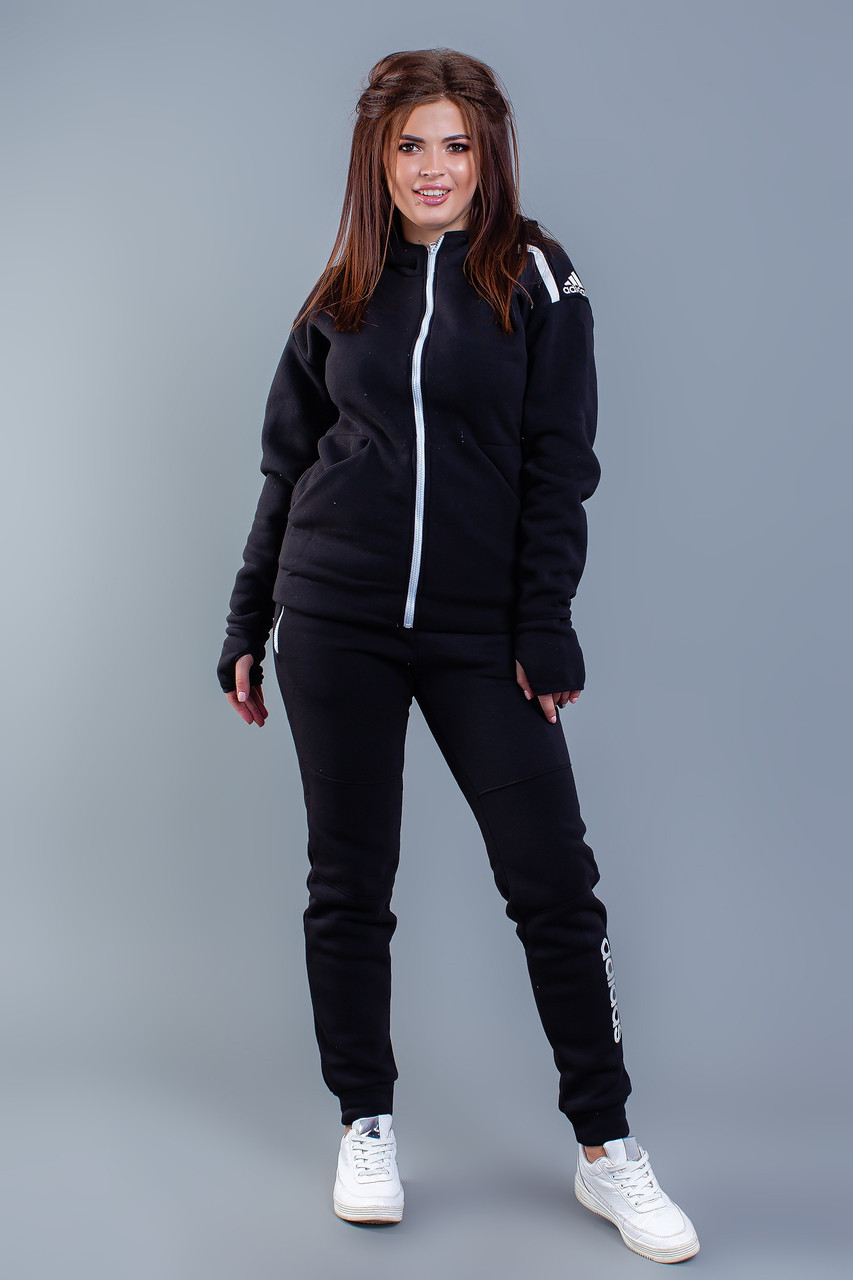 Зимний женский спортивный костюм: кофта с капюшоном и штаны, реплика Adidas, большие размеры батал - фото 1 - id-p10096155