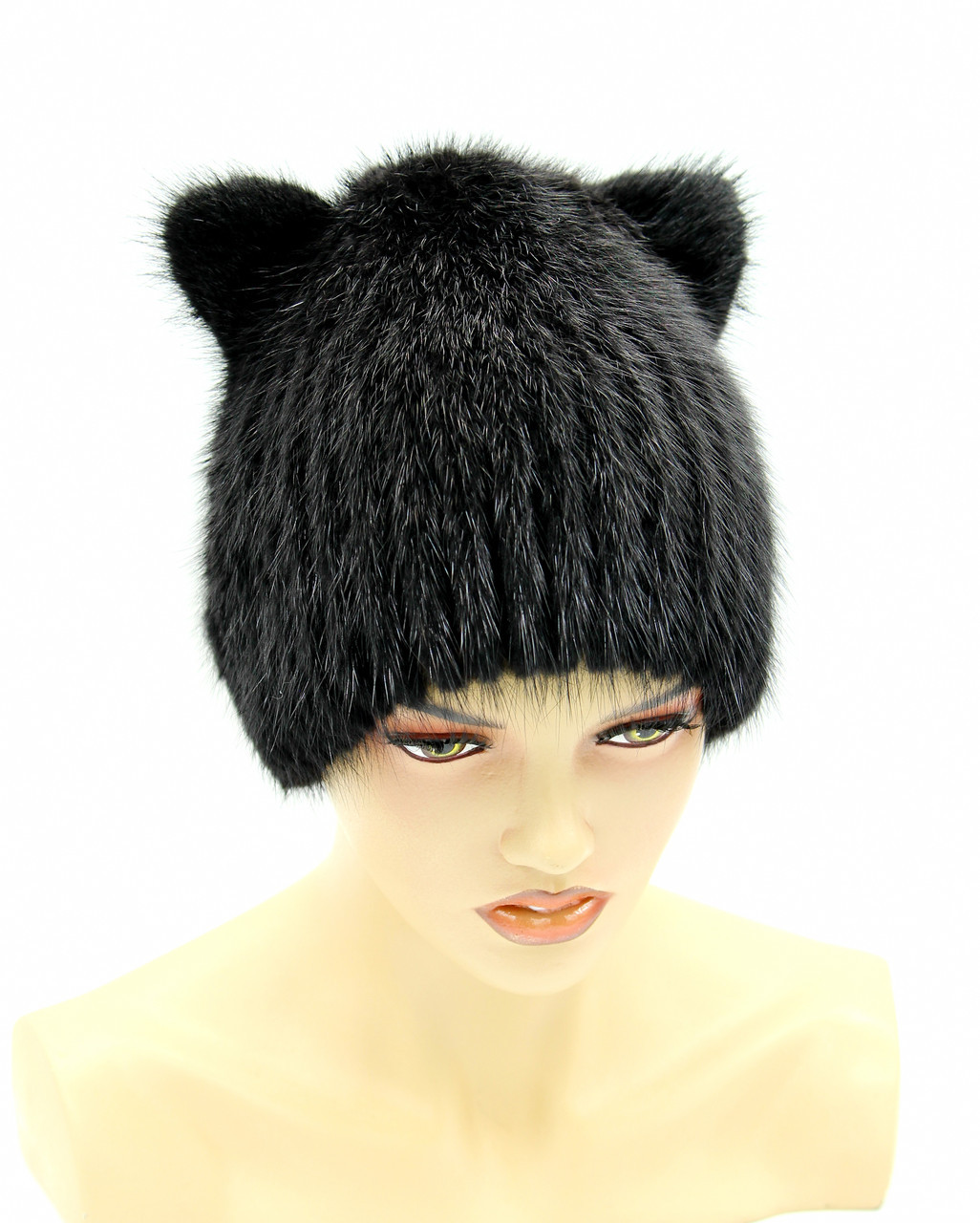 Женская меховая шапка из ондатры "Кошечка" на вязаной основе, черная. - фото 1 - id-p8141279
