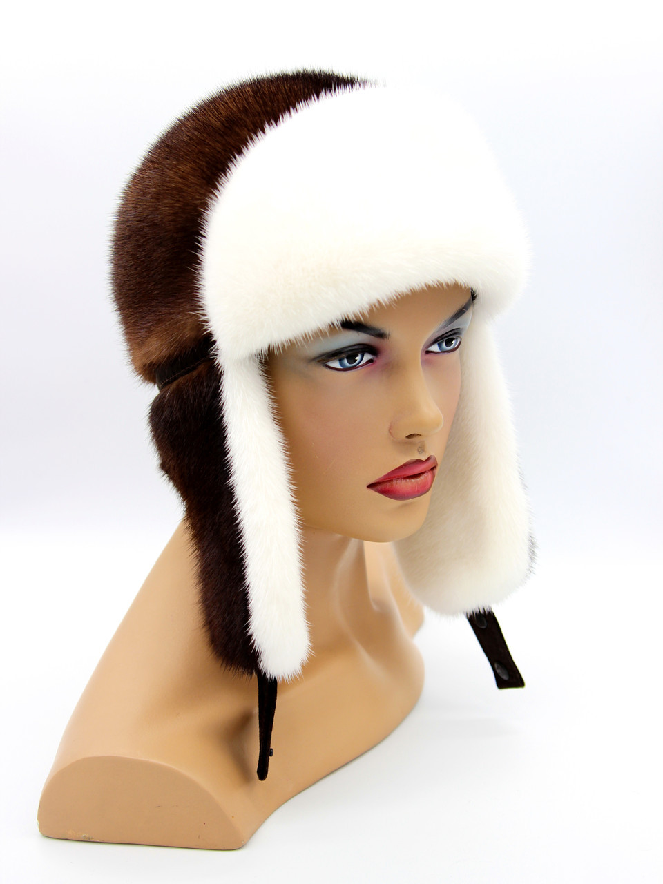 Женская шапка меховая ушанка из норки "Лобик" (белый/орех) - фото 1 - id-p8141561