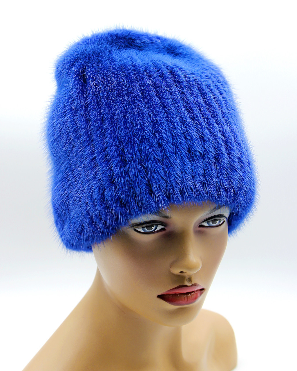 Меховая женская шапка на вязаной основе "Бини" (синяя). - фото 1 - id-p10103244