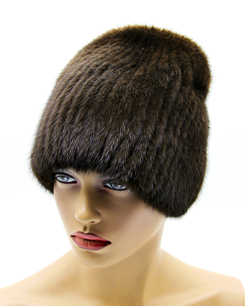 Норковая шапка женская на вязаной основе "Бини" (коричневая). - фото 1 - id-p10103248