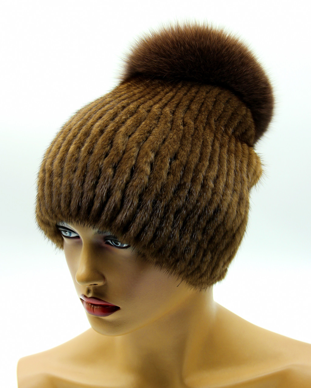 Норковая шапка на вязаной основе "Бини Бон" (светло коричневая). - фото 1 - id-p10103254