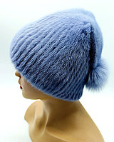 Норковая женская шапка на вязаной основе "Буратино" (голубая).