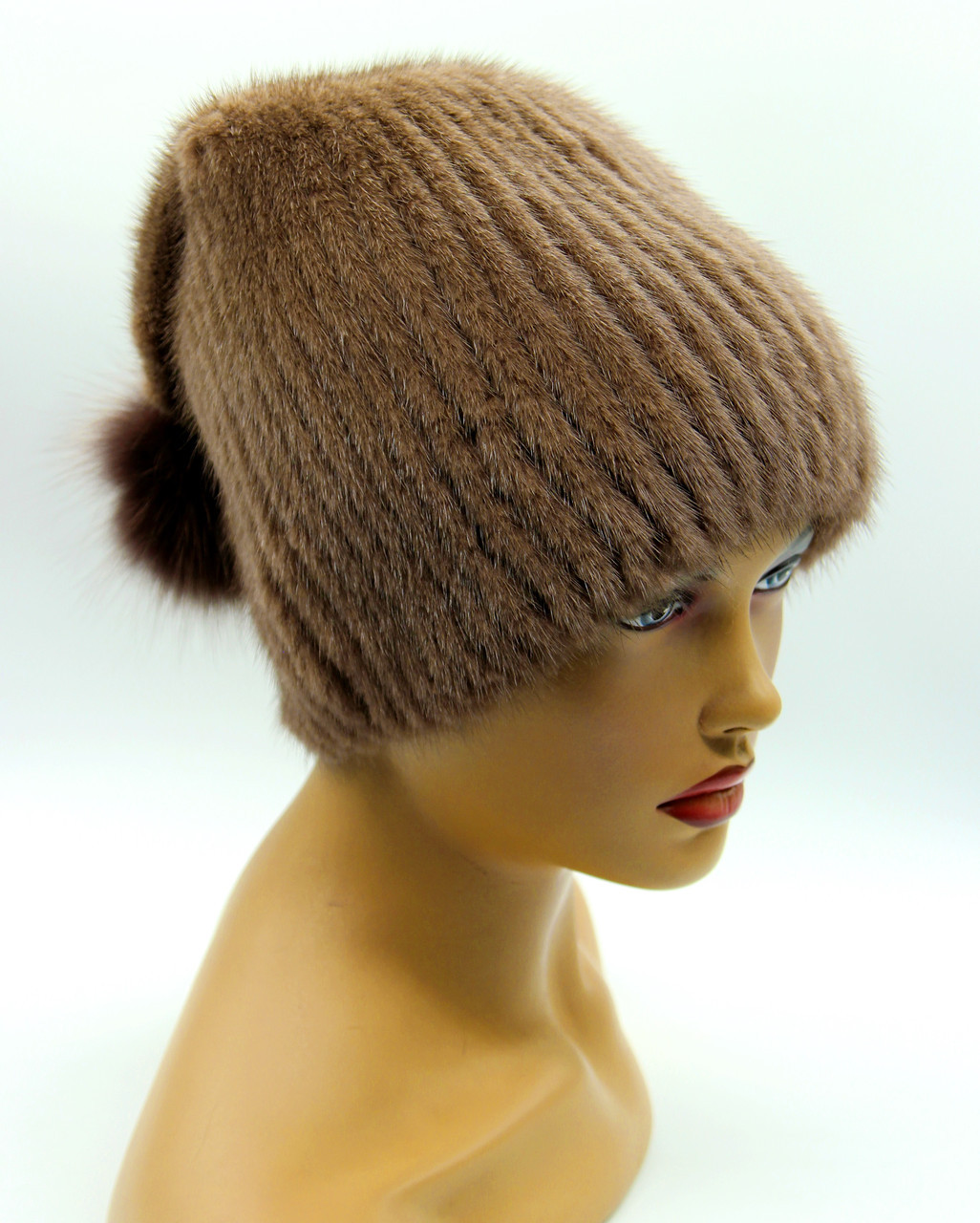 Норковая шапка женская на вязаной основе "Буратино" (кофе). - фото 1 - id-p10103256