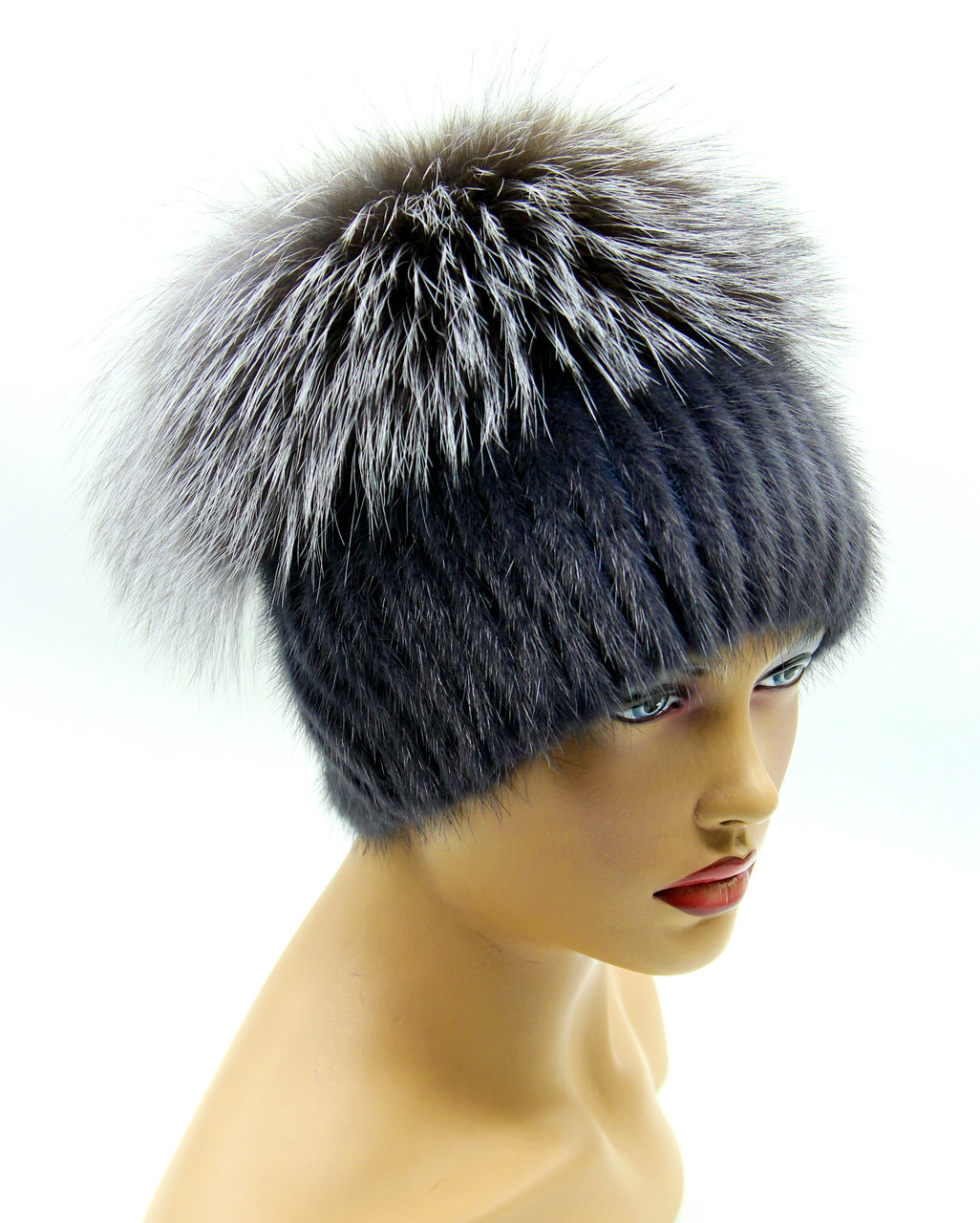 Меховая шапка на вязаной основе из норки и чернобурки "Кубанка" (темно серая). - фото 1 - id-p10103263