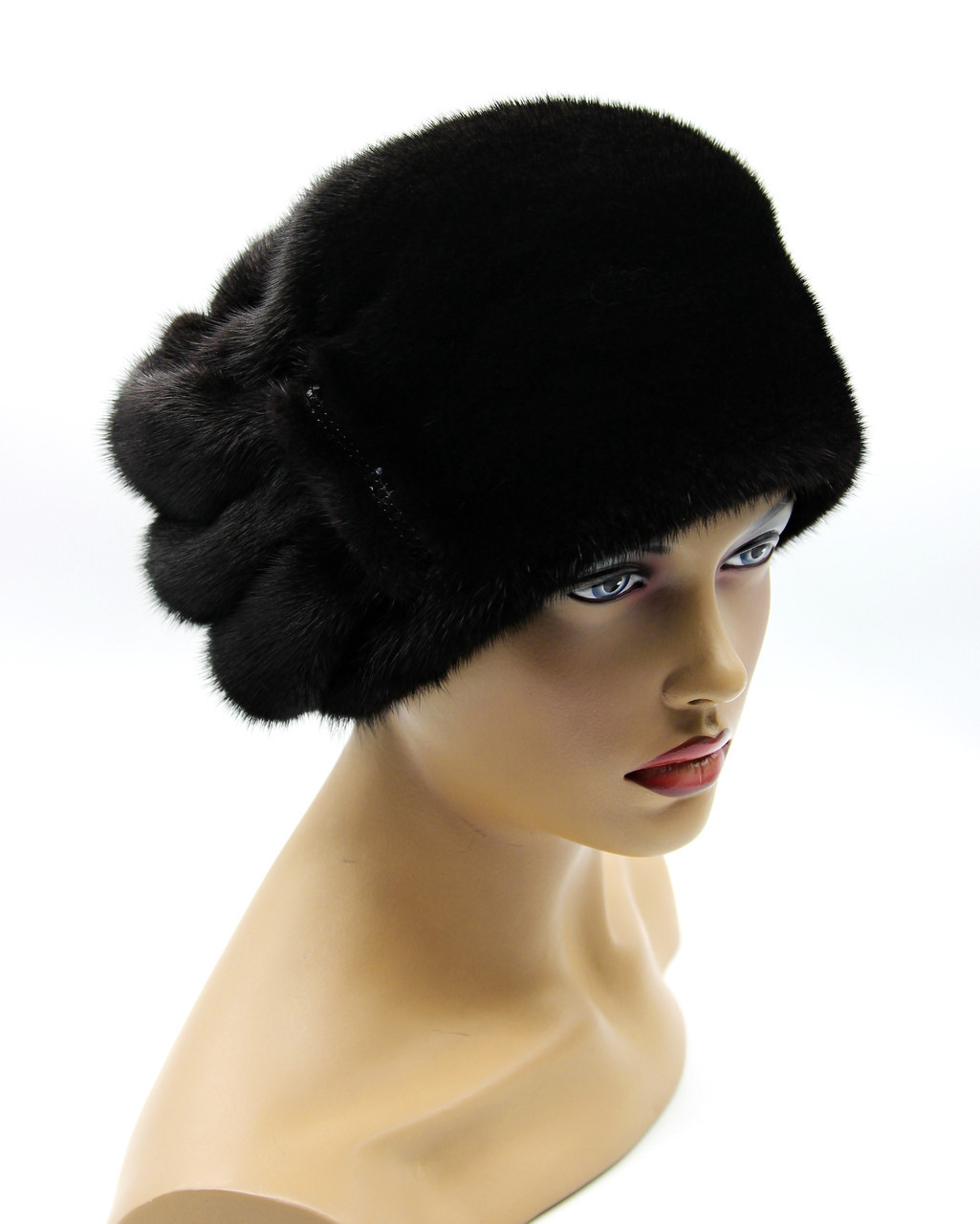 Норковая женская шапка "Пилотка три продольных полосы" черная. - фото 1 - id-p10103282
