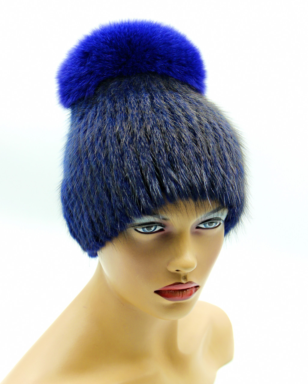 Женская меховая шапка из ондатры "Шарик" с бубоном, синяя. - фото 1 - id-p10103284