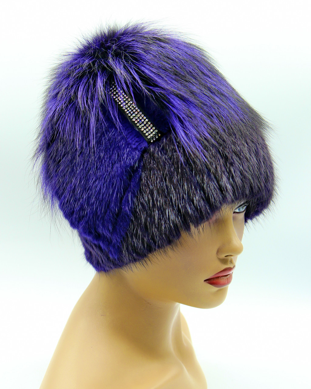 Меховая женская шапка из ондатры и чернобурки "Крыло", синяя. - фото 1 - id-p10103291