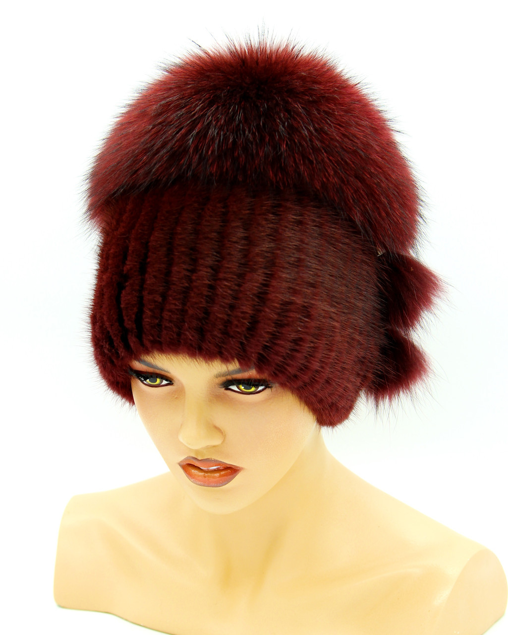 Женская шапка из меха ондатры и чернобурки "Бон" на вязаной основе, (вишневая). - фото 1 - id-p2467966