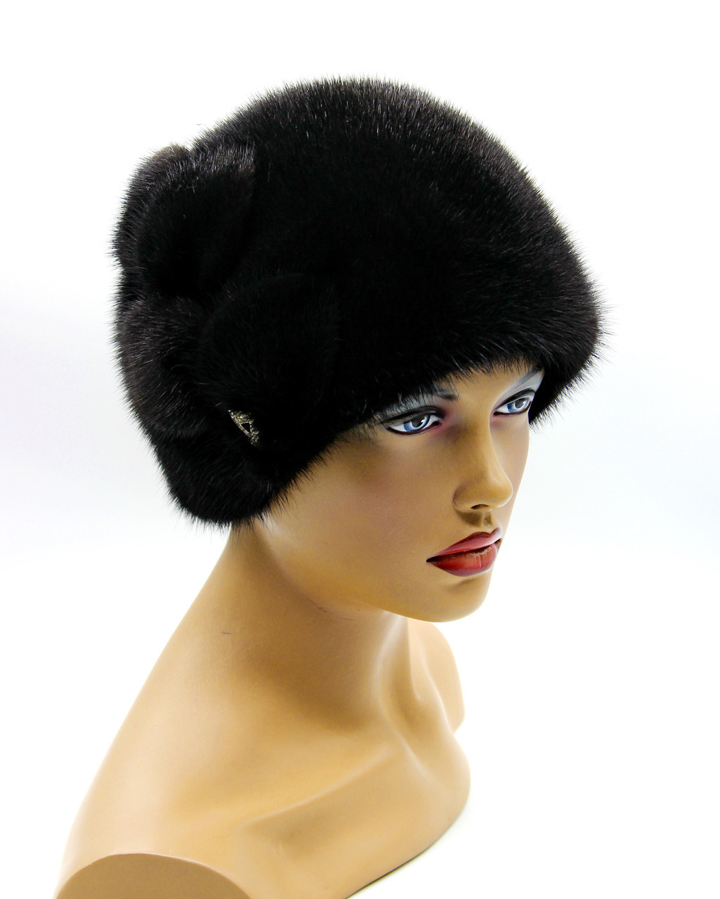 Зимняя женская шапка меховая норковая "Шарик с веточкой", черная. - фото 1 - id-p8141533
