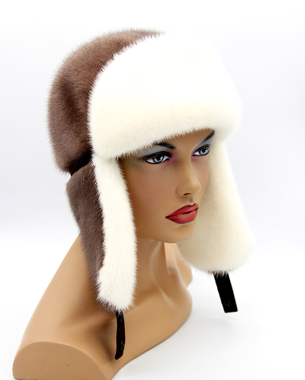 Шапка-ушанка женская норковая шапка "Лобик" длинное ухо (белый/кофе) - фото 1 - id-p8141556