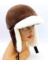 Норковая шапка ушанка женская с козырьком (белый/кофе).