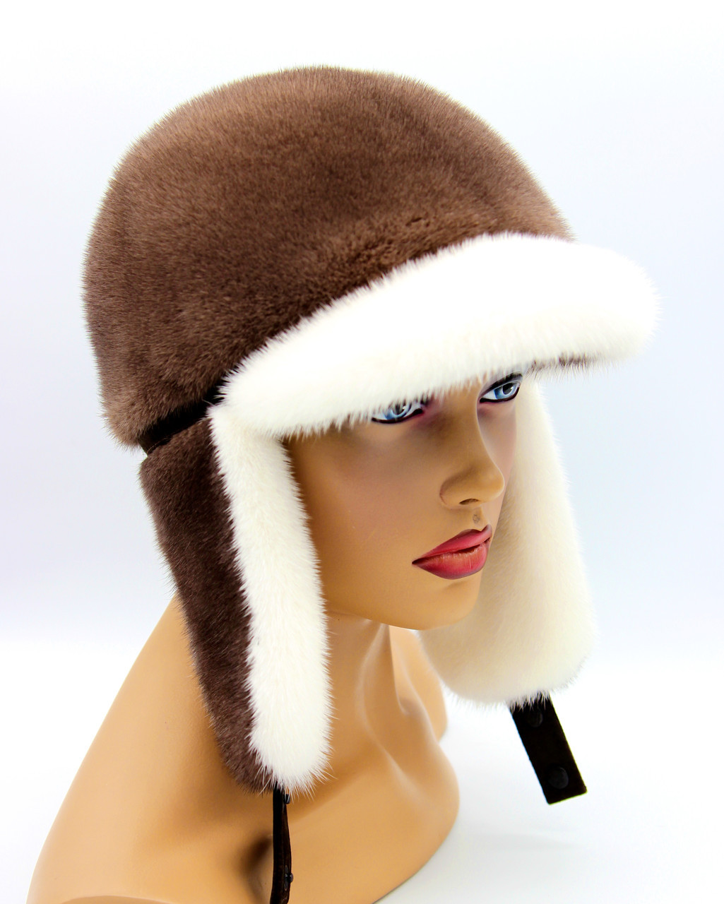 Норковая шапка ушанка женская с козырьком (белый/кофе). - фото 1 - id-p8141560